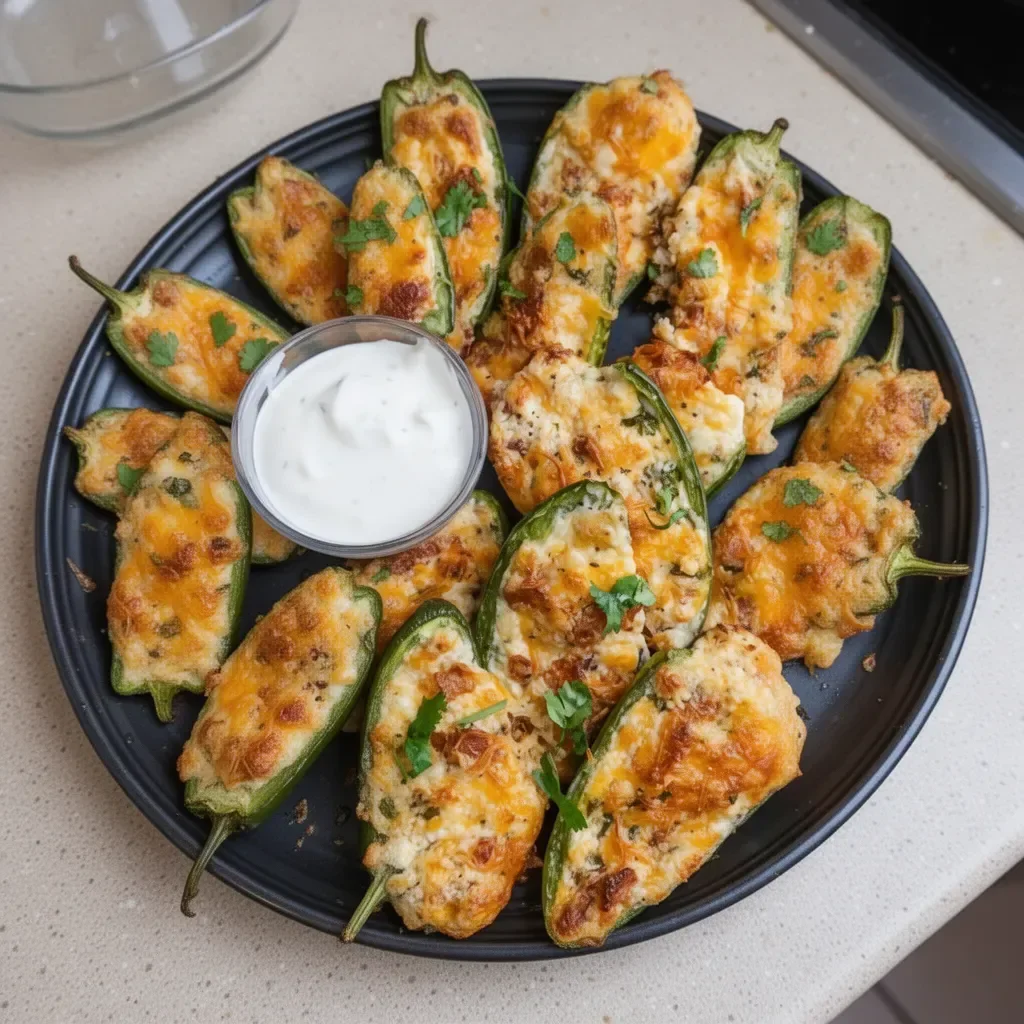 Plate of cheesy jalapeno poppers garnished with herbs
