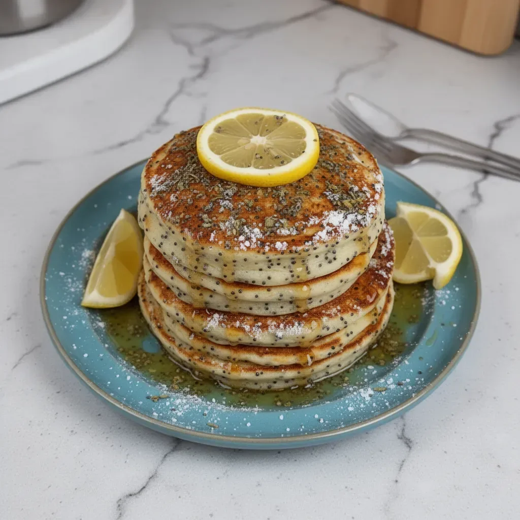 Stack of fluffy lemon poppy seed pancakes on a plate with syrup and lemon slices