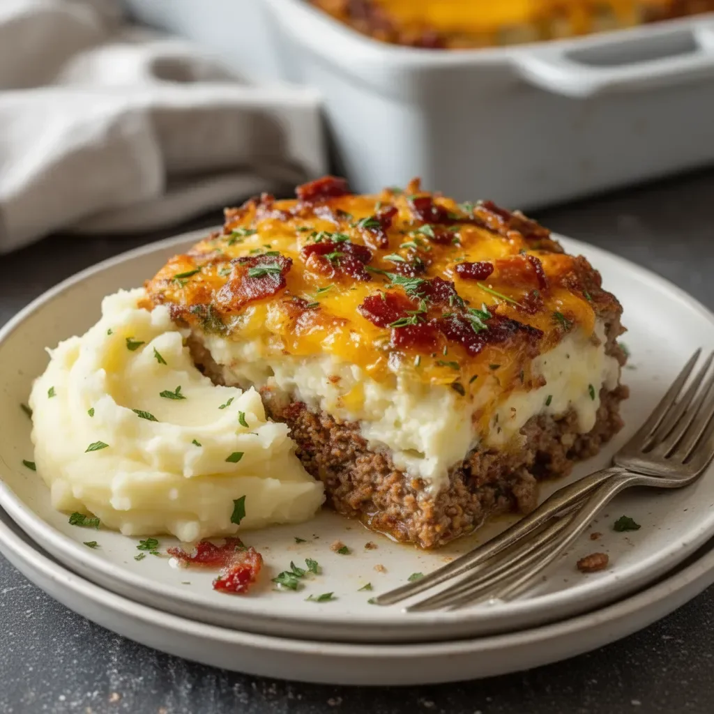 Delicious meatloaf served with mashed potatoes and melted cheese