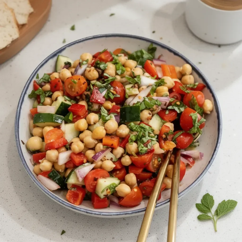Mediterranean chickpea salad with fresh vegetables and herbs