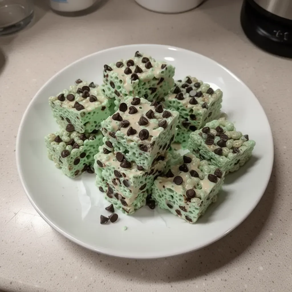 Mint Chocolate Chip Rice Krispie Treats ready to enjoy