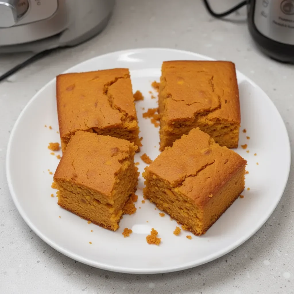 Moist sweet potato cornbread freshly baked and served on a plate.