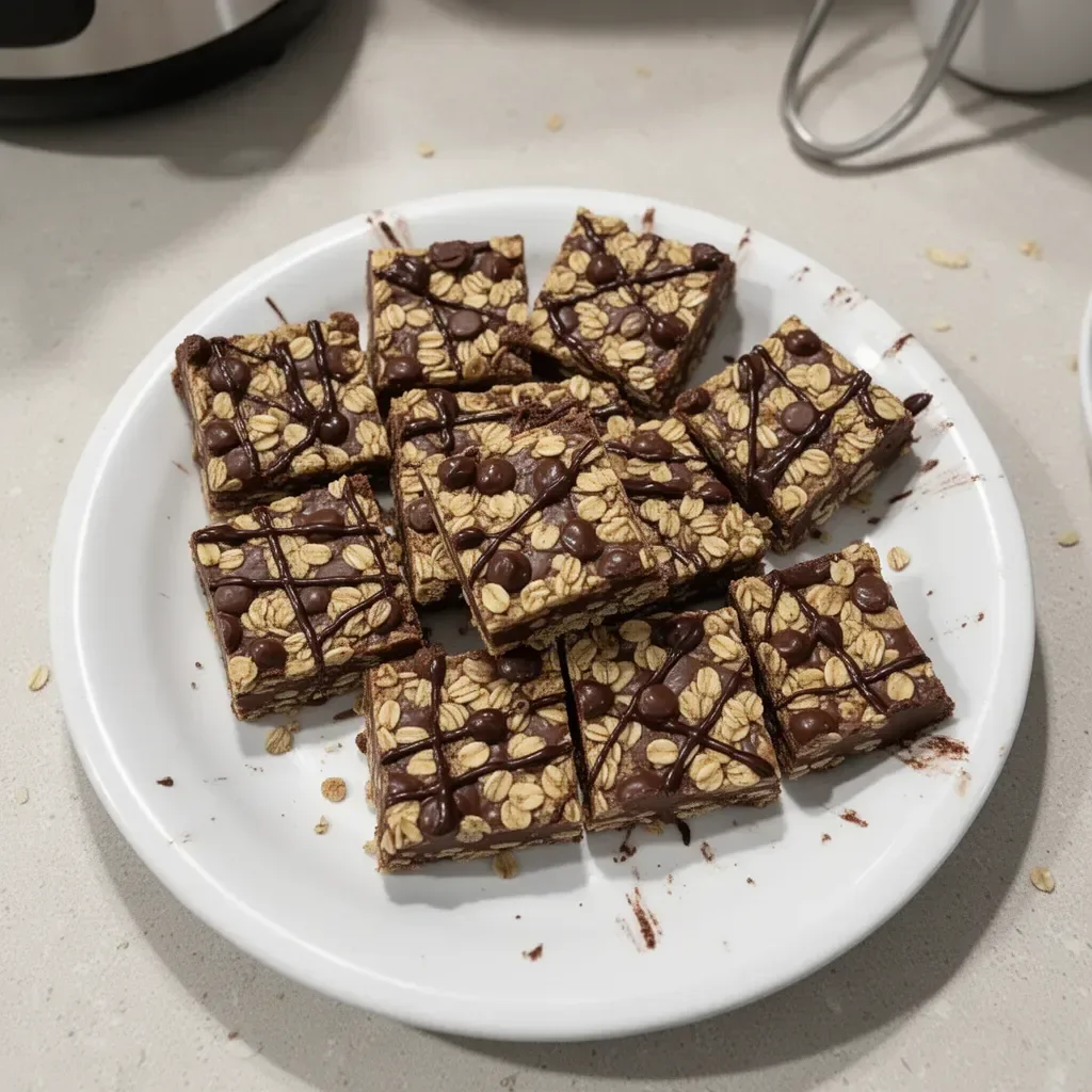No Bake Chocolate Oatmeal Bars topped with chocolate and oats, healthy snack