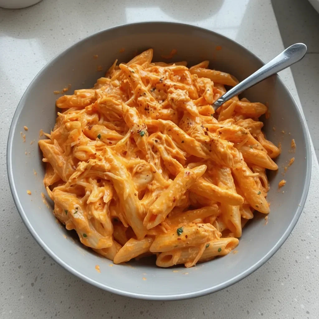 One-Pot Creamy Buffalo Chicken Pasta in a skillet, garnished with parsley.