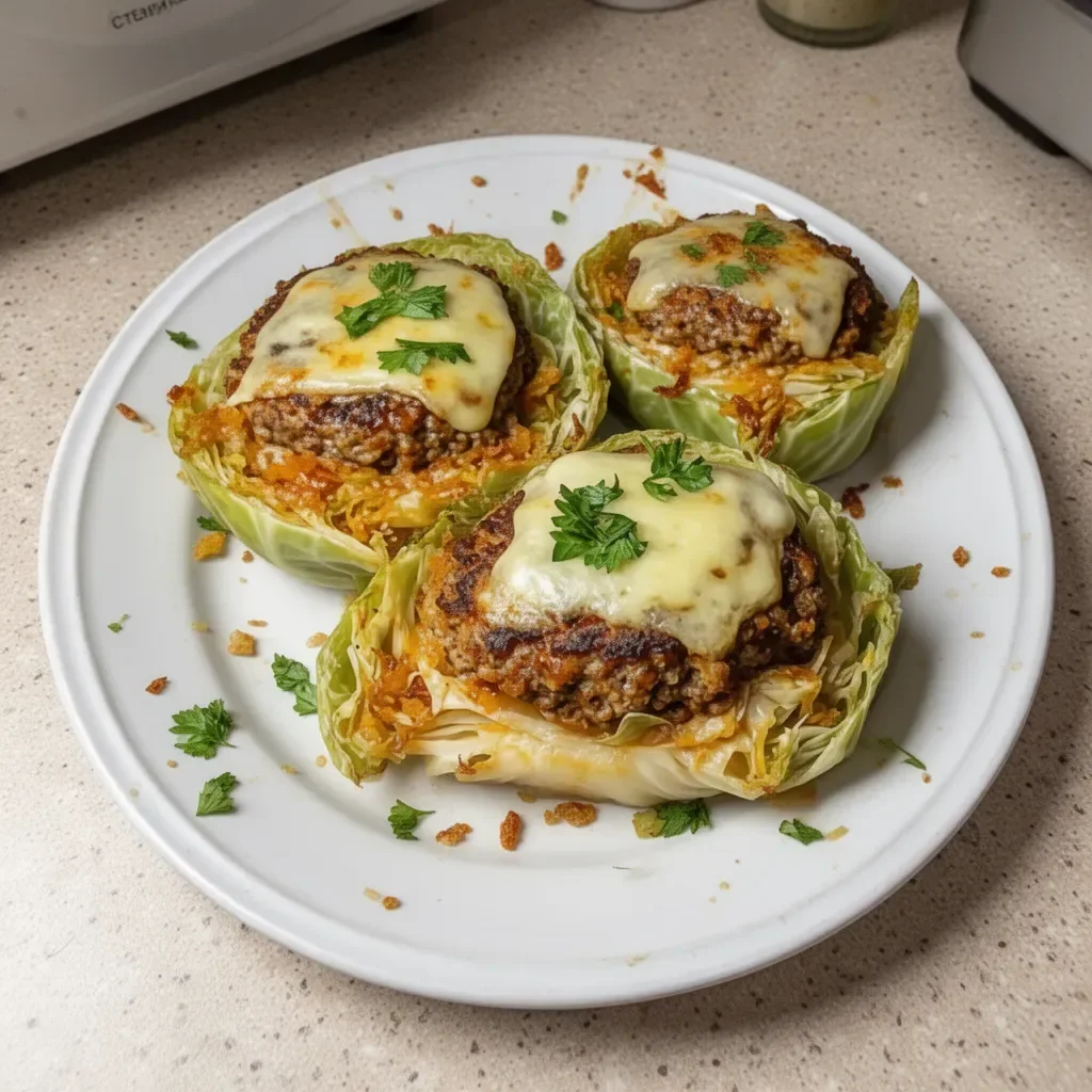 Oven-baked cabbage burgers served with a side of fresh vegetables on a plate.