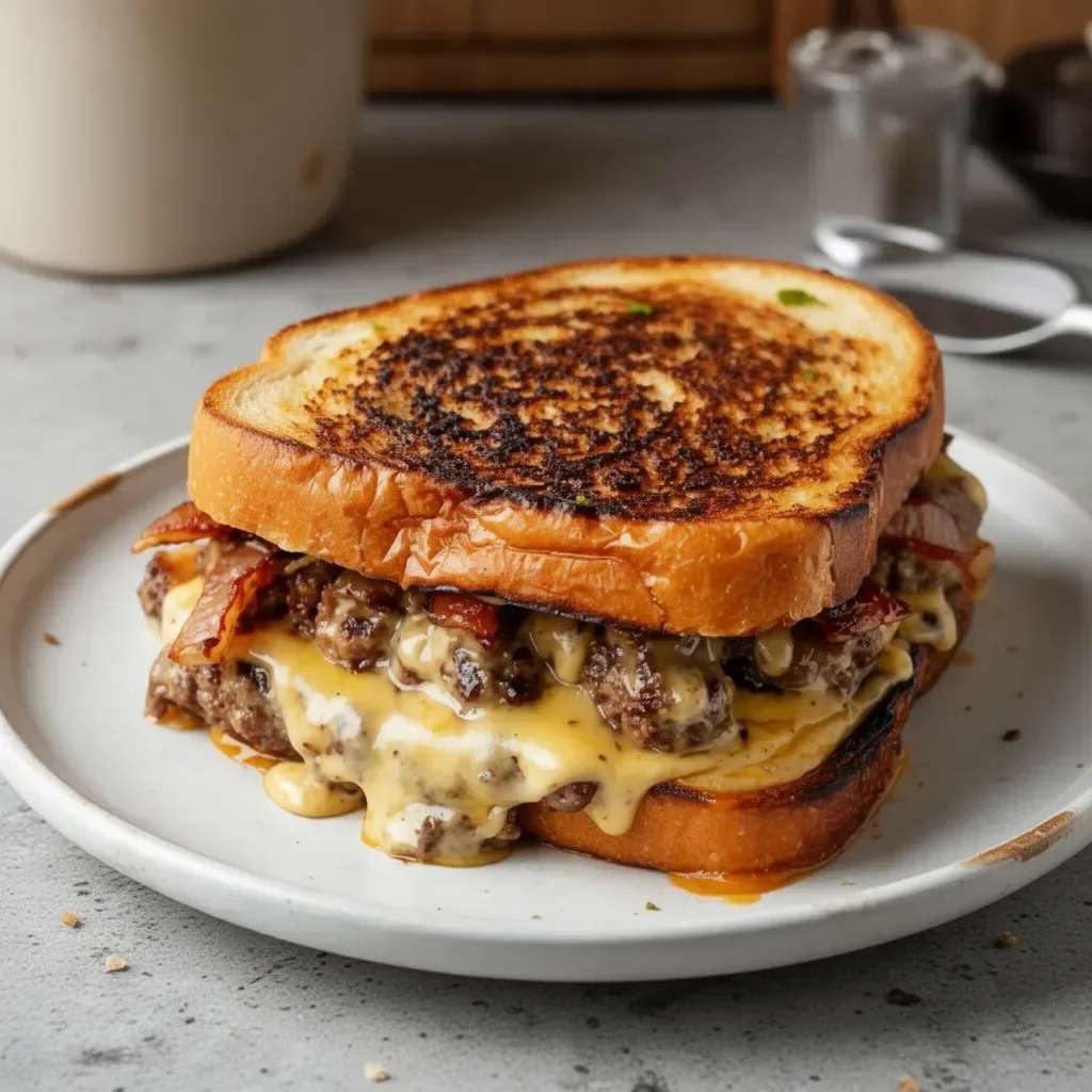 Deliciously grilled Patty Melt sandwich with melted cheese and savory beef patty