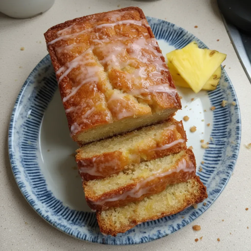 Freshly baked pineapple bread loaf with slices on a cutting board