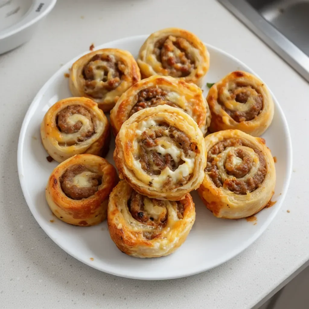 Delicious homemade sausage pinwheels on a platter as an appetizer.