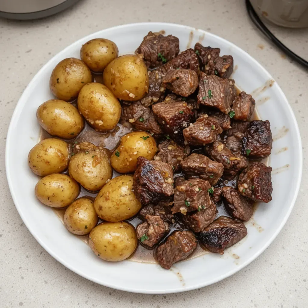 Delicious slow cooker garlic butter beef bites served with potatoes