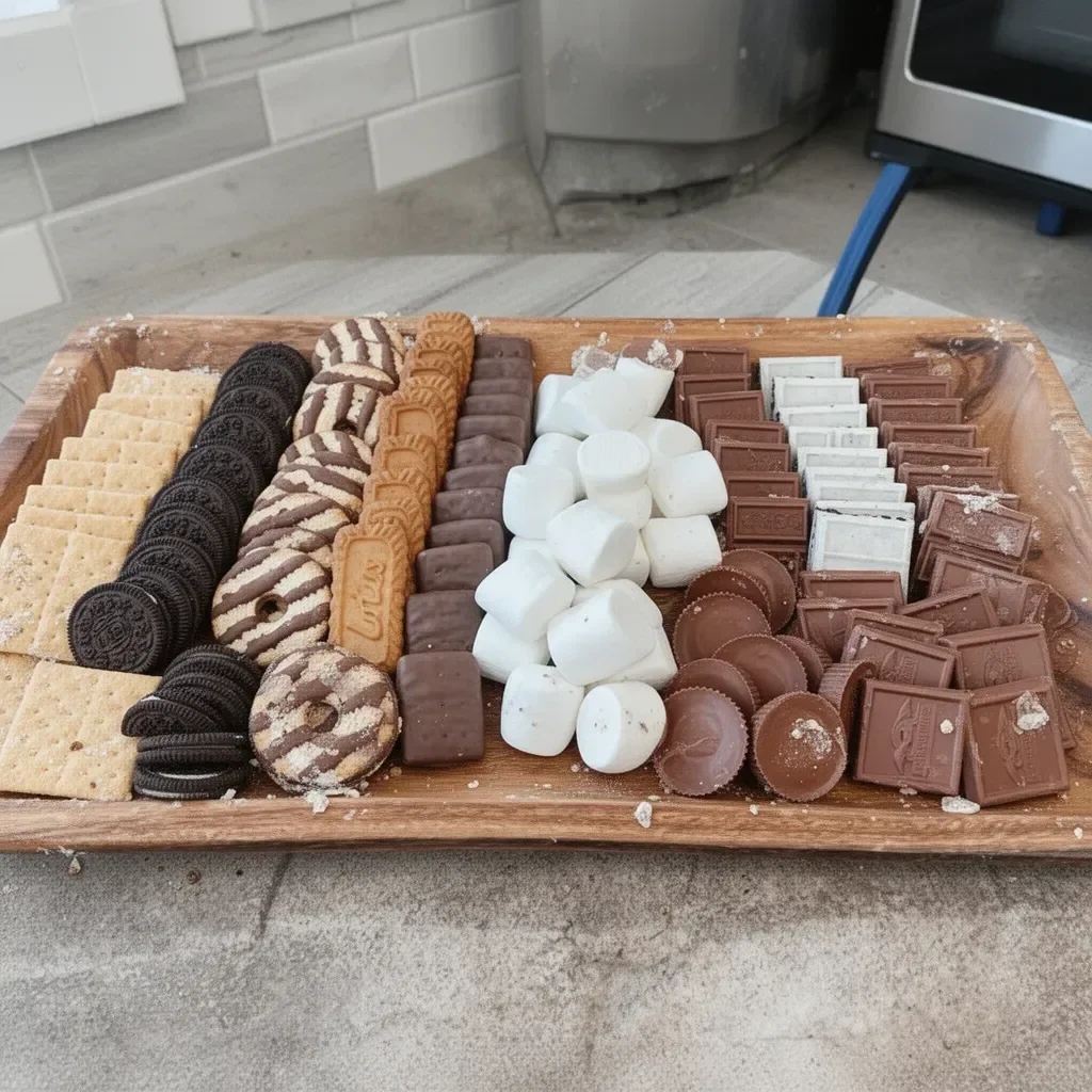 Delicious S'mores Charcuterie Board featuring chocolates, marshmallows, and graham crackers.