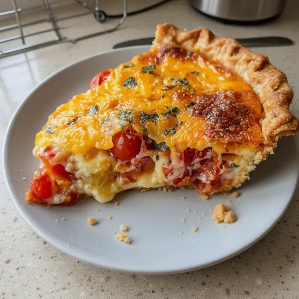 Delicious Southern Tomato Pie with cheese and heirloom tomatoes served on a plate