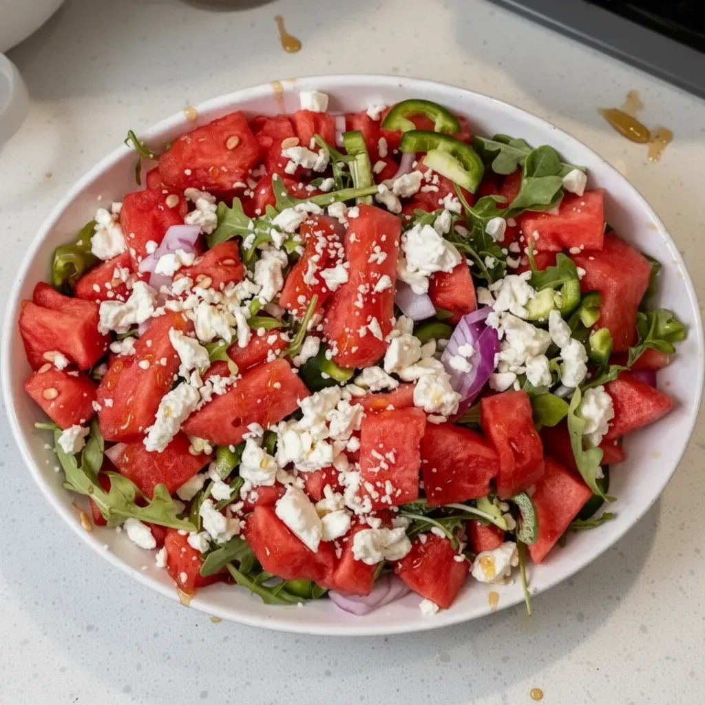 Spicy watermelon salad with hot honey drizzled on top