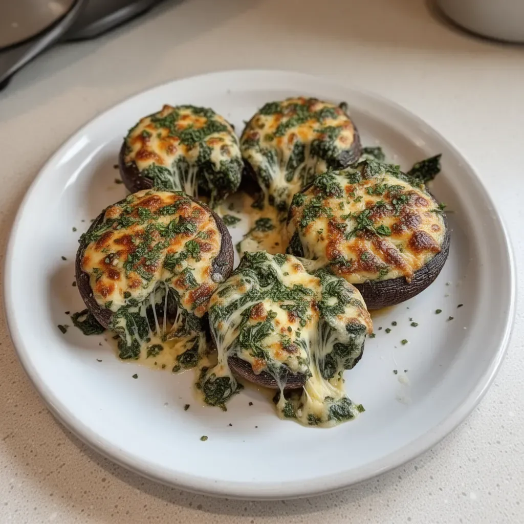 Spinach and cheese stuffed portobello mushroom on a plate