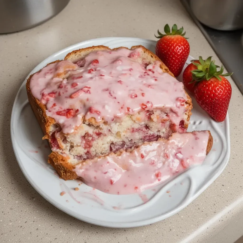 Freshly baked strawberry bread with slices on a wooden board