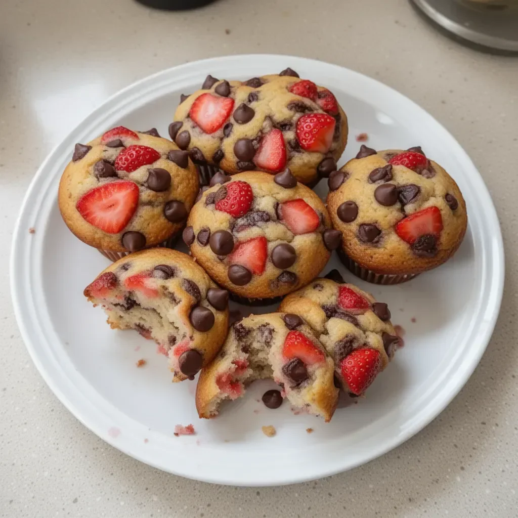 Freshly baked strawberry chocolate chip muffins on a wooden table