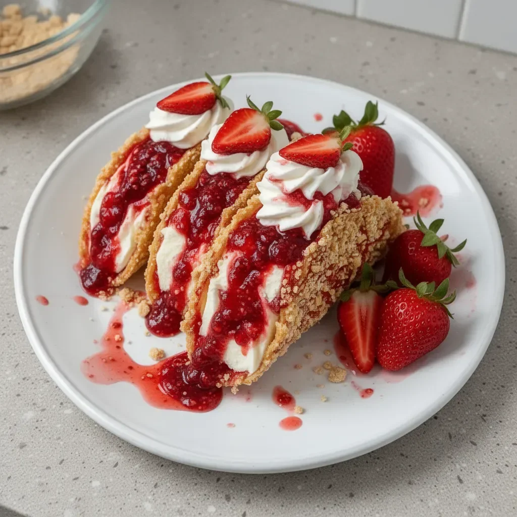 Delicious Strawberry Crunch Cheesecake Tacos with a crunchy topping