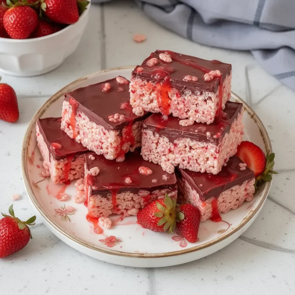 Delicious Strawberry Rice Krispie Treats topped with fresh strawberries