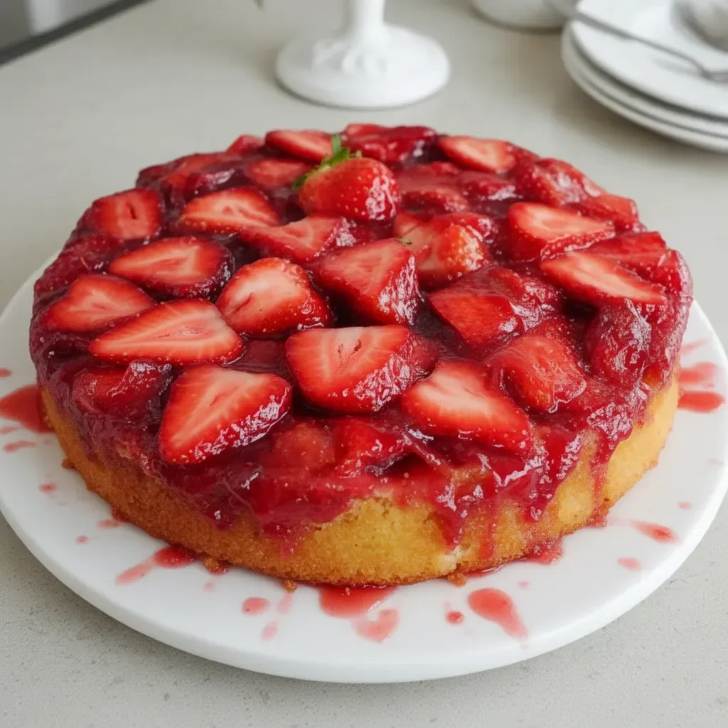 Delicious strawberry upside down cake topped with fresh strawberries