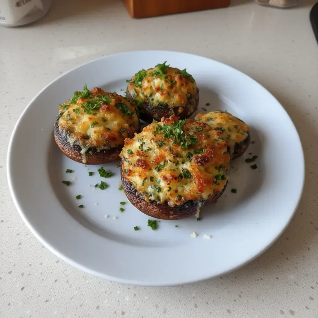 Delicious stuffed mushrooms with garlic and Parmesan ready to serve.