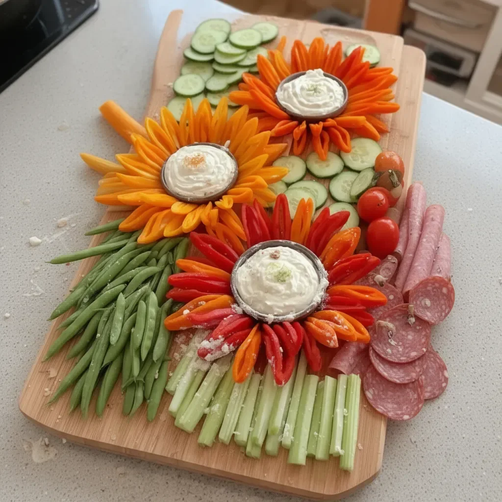 Colorful summer charcuterie board with cheese, fruits, and meats.