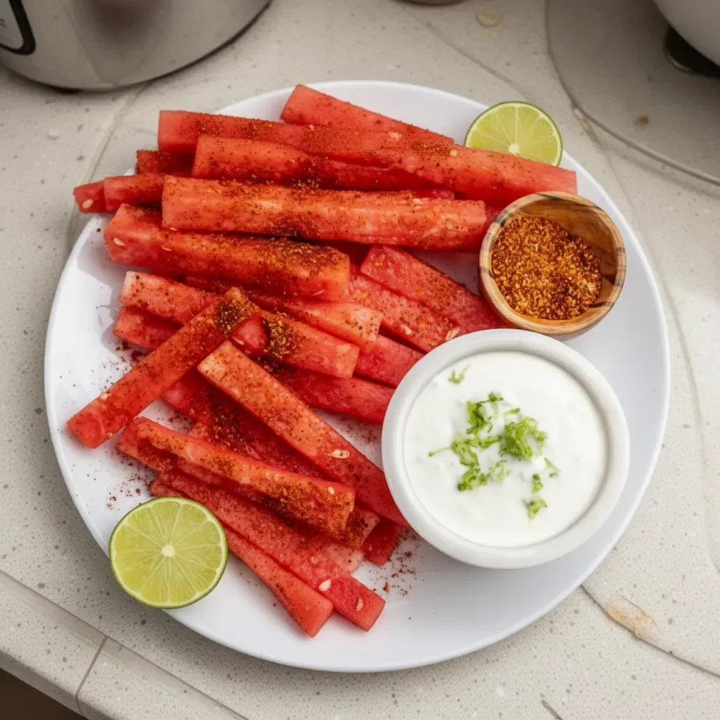 Tajin-coated spicy watermelon fries with coconut lime dipping sauce