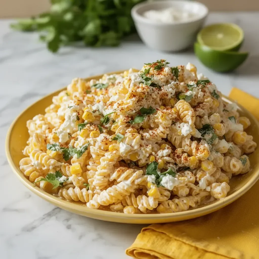 Delicious elote pasta salad with Greek yogurt and colorful vegetables