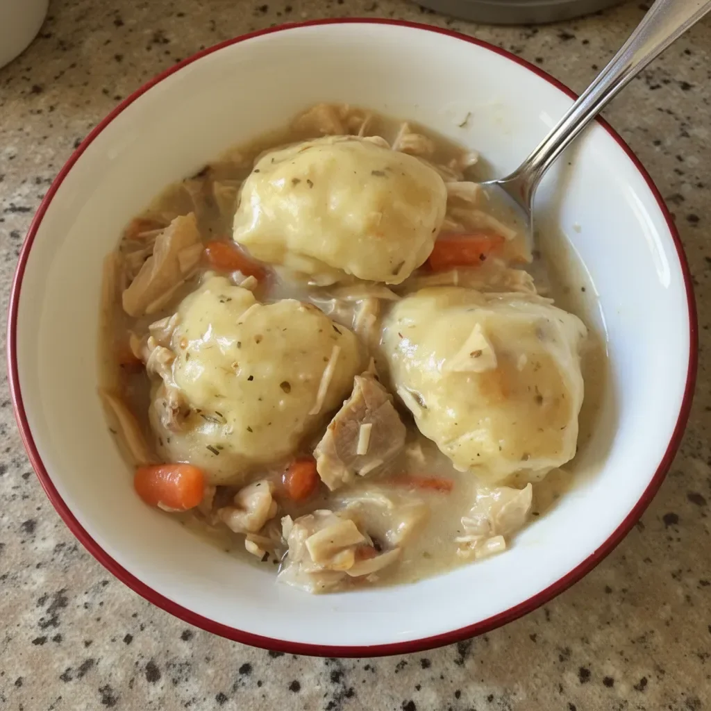 Delicious bowl of old fashioned chicken and dumplings served with herbs