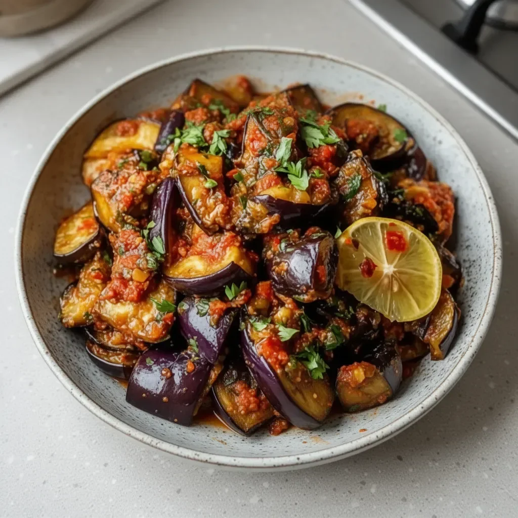 Tunisian Eggplant Salad with harissa, vibrant vegetables, and fresh herbs